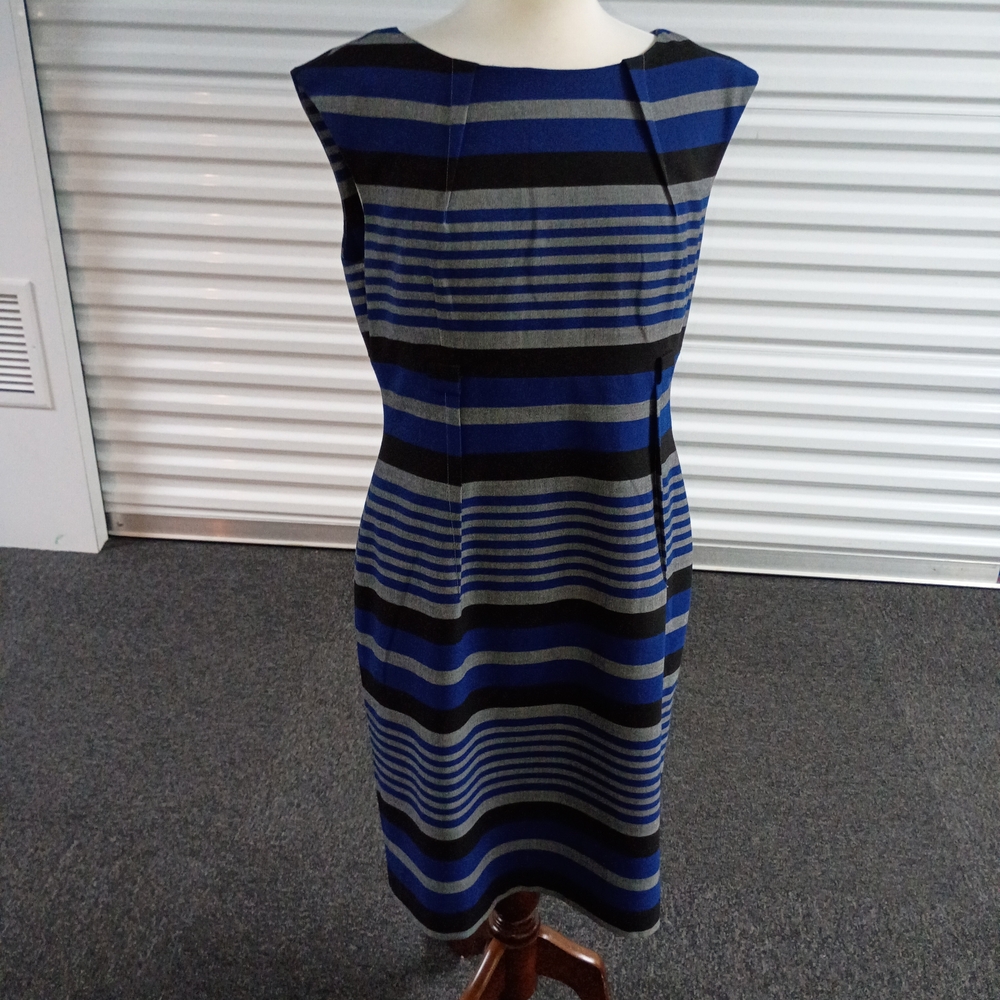 Ellen Tracy Sleeveless Blue and Gray Striped Sheath Dress
